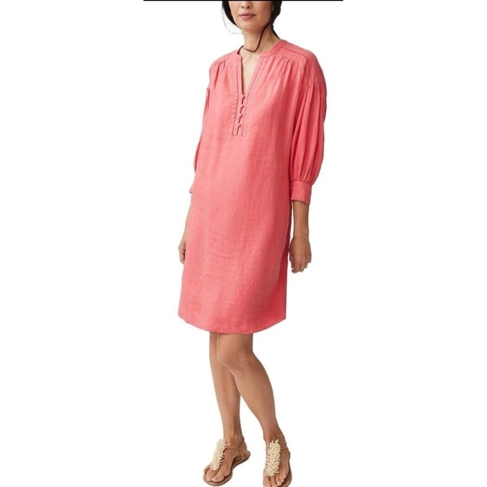 J Mclaughlin Coral 3/4-Sleeve 100% Linen Notch V-Neck Shift Dress S NWOT
